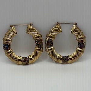 Vintage Gold Geometric Rhinestone Earrings Lightweight 3”
